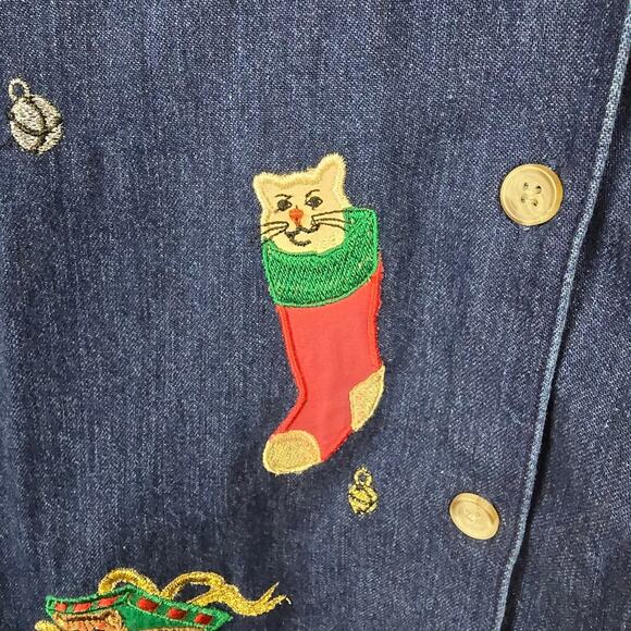 Westbound Denim Christmas Cat Lady Kittens Embroidered Shirt Button Up 90s M - Picture 12 of 13